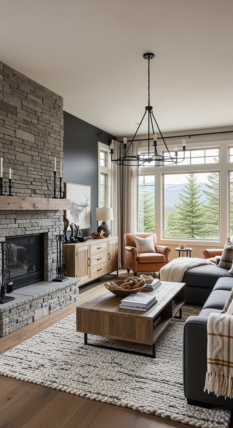 lodge inspired stone fireplace retreat