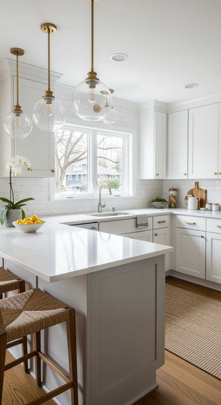 marble waterfall peninsula kitchen