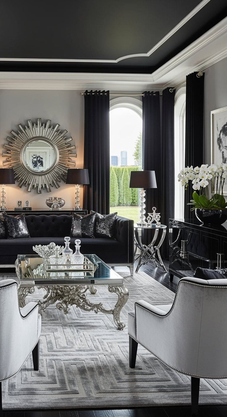maximalist hollywood regency black and silver
