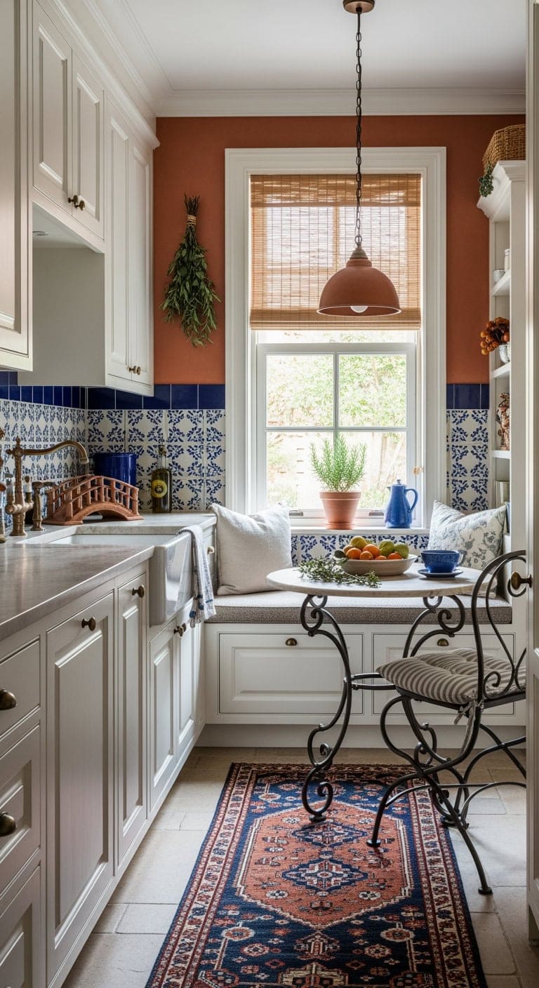 mediterranean tile backed breakfast nook