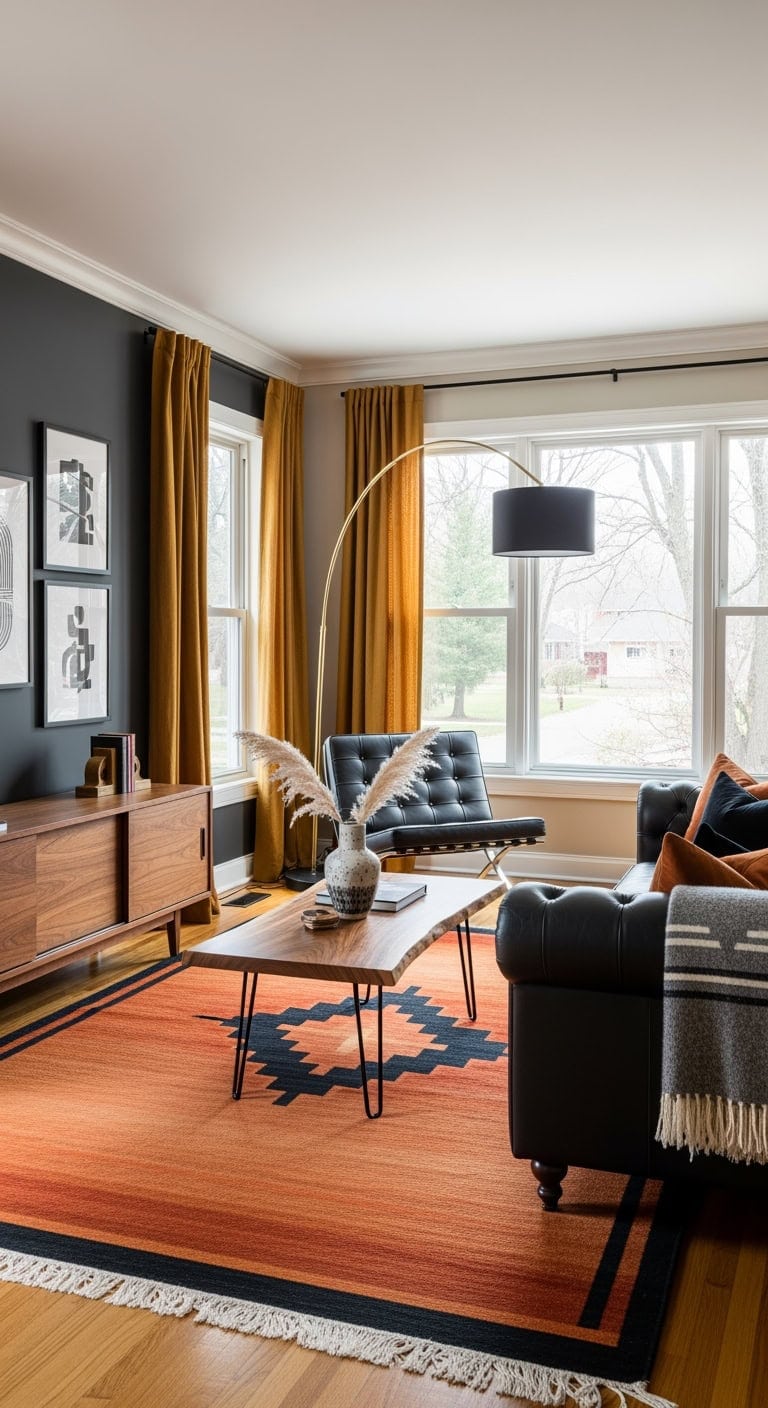 mid century black leather walnut