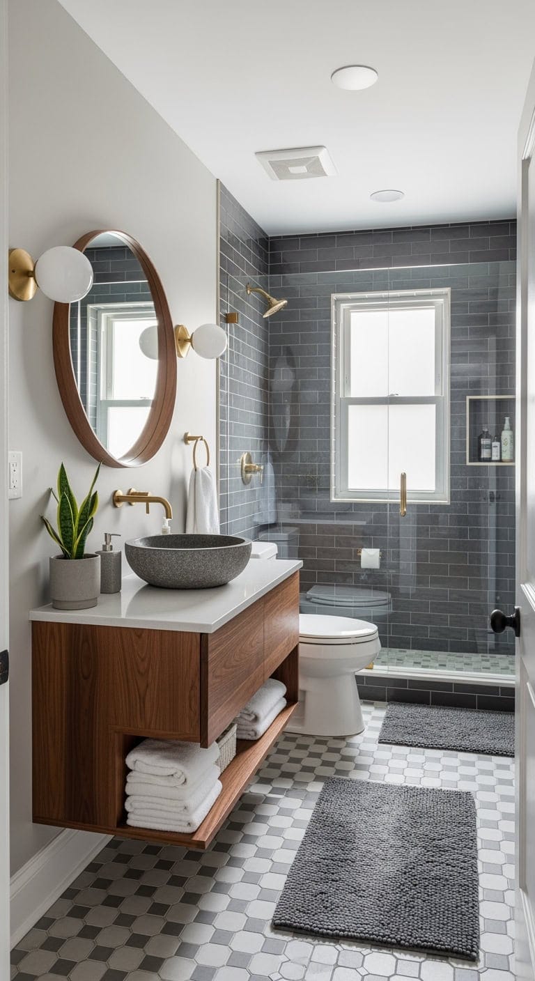 mid century grey walnut bathroom