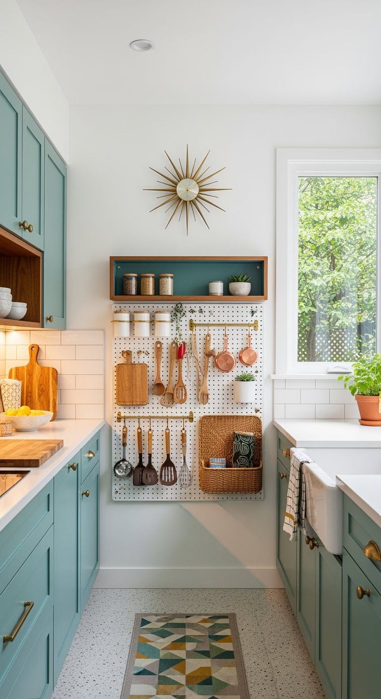 mid century pegboard kitchen storage