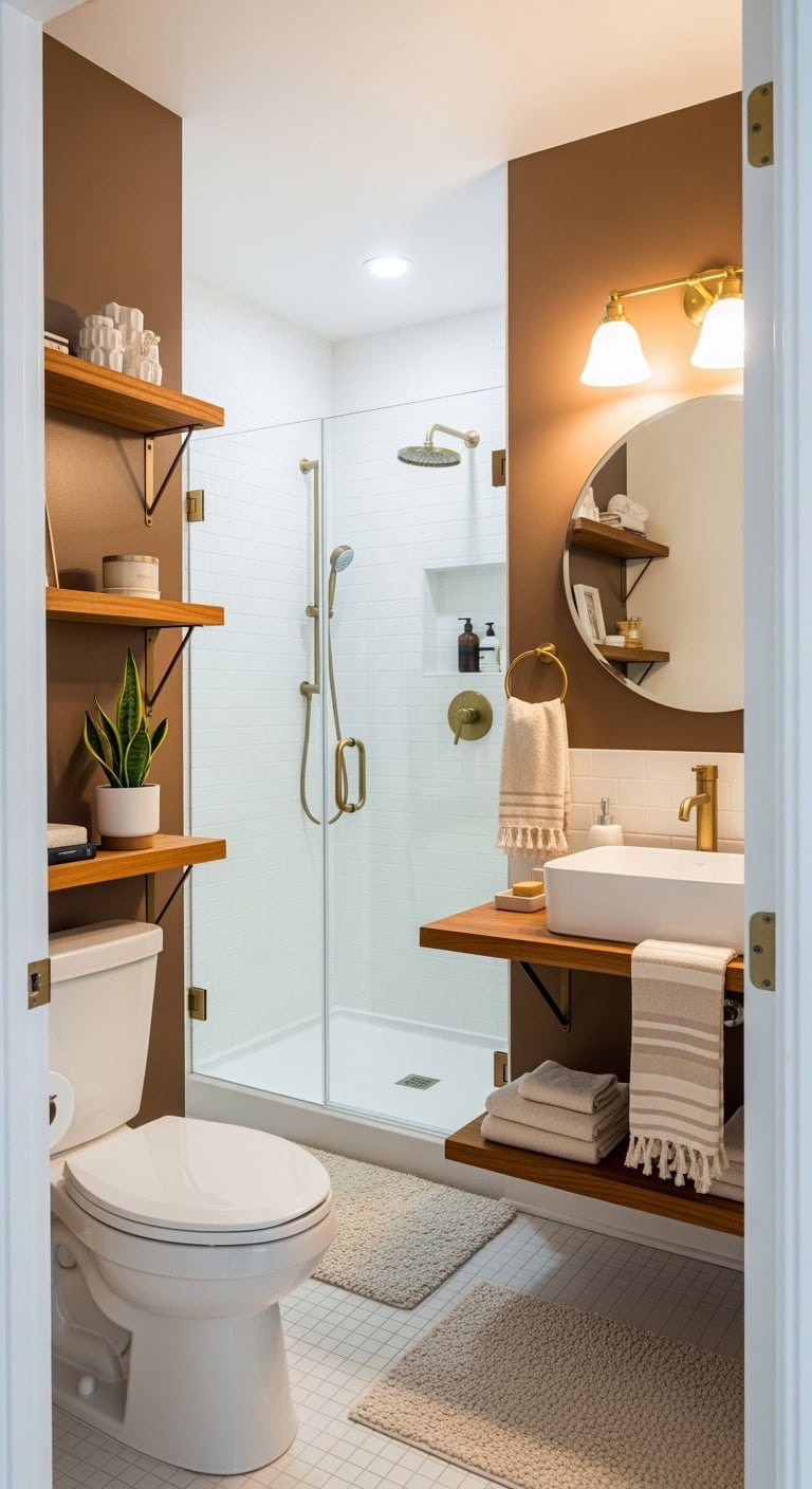 mid century teak bathroom shelving