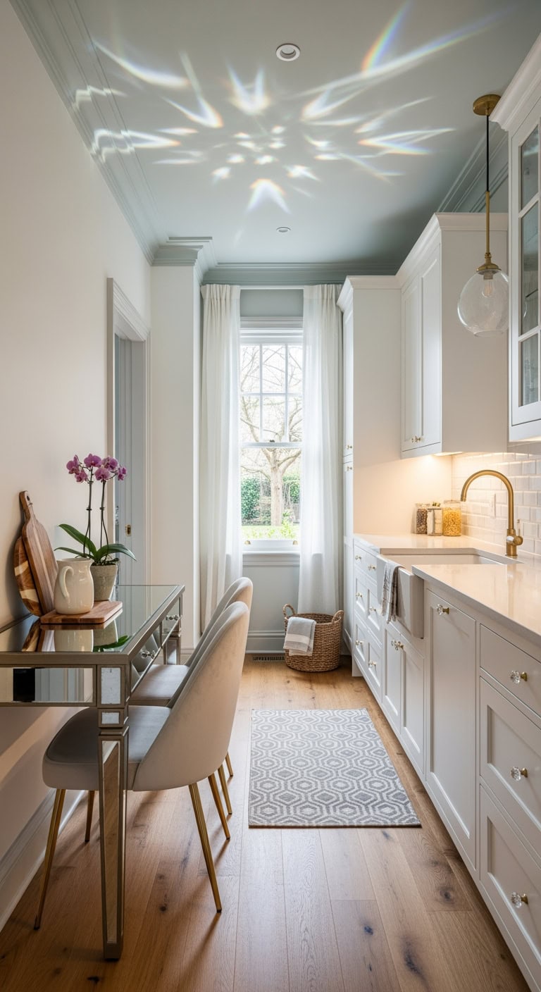 mirrored accents enlarge petite kitchens