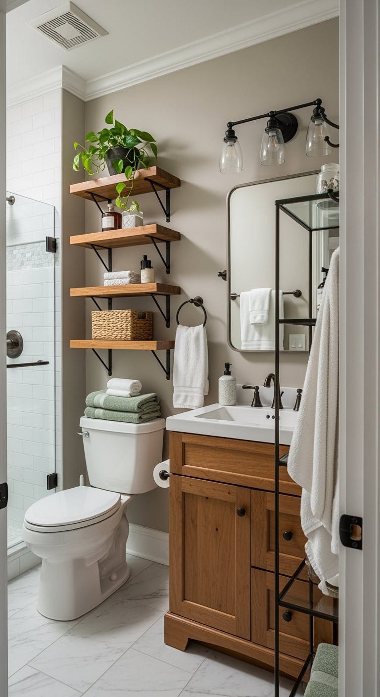 mixed material transitional bathroom shelving