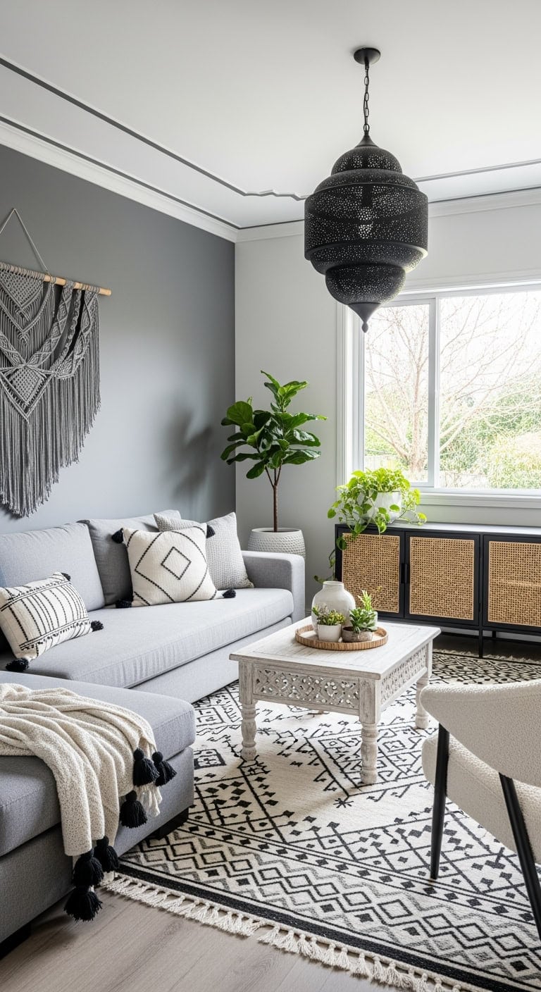 monochrome moroccan eclectic livingroom