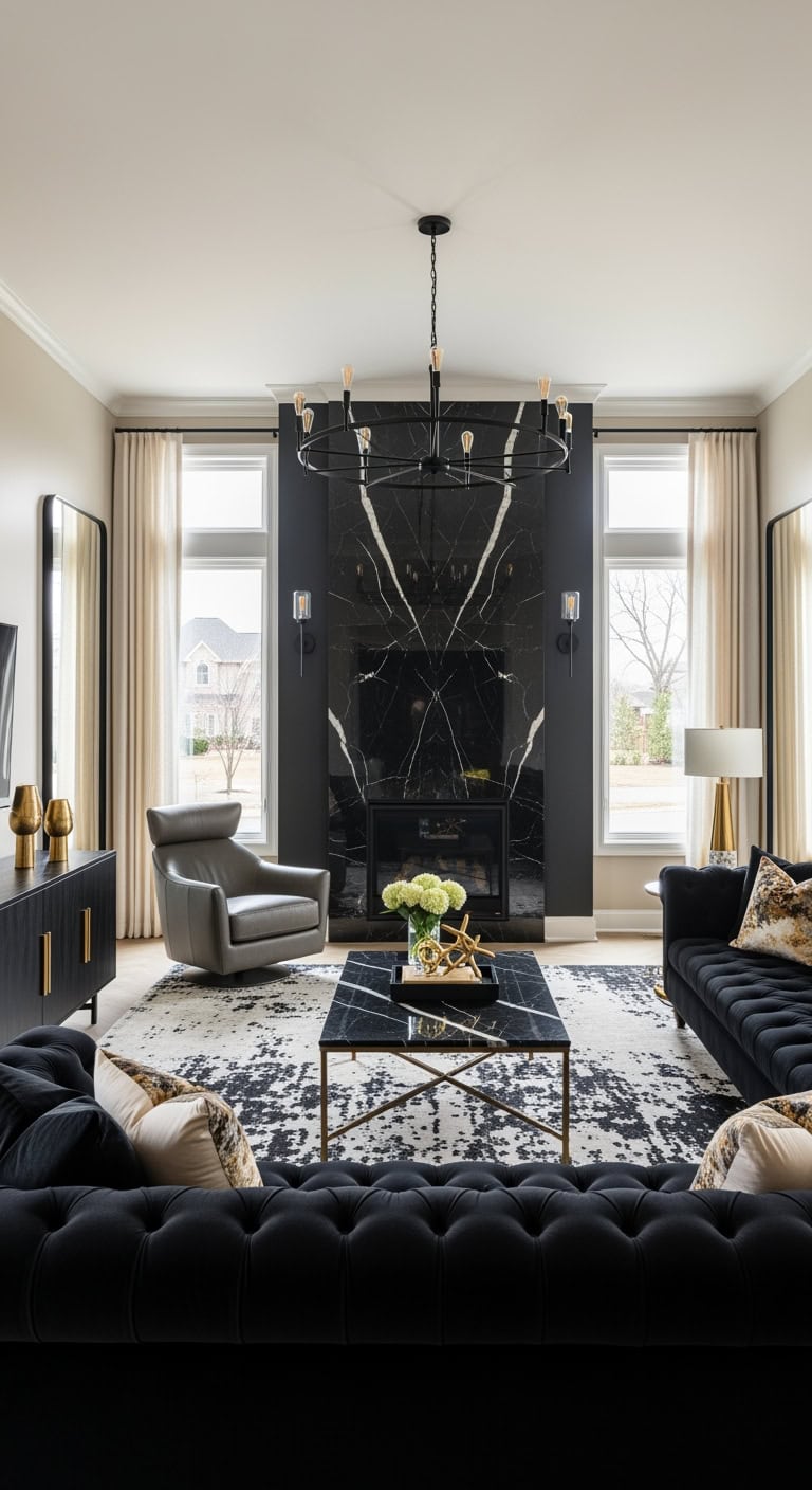 moody black marble luxe living