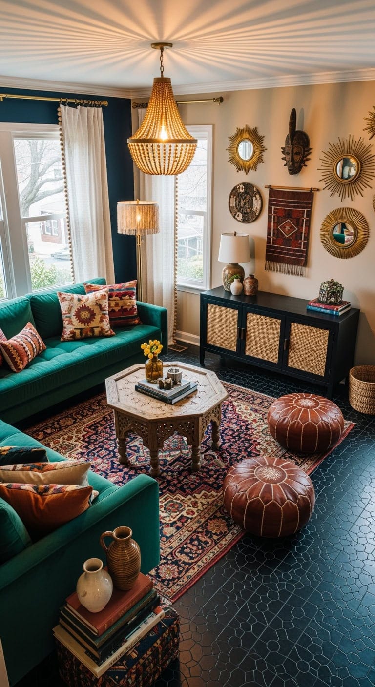moody global bohemian livingroom