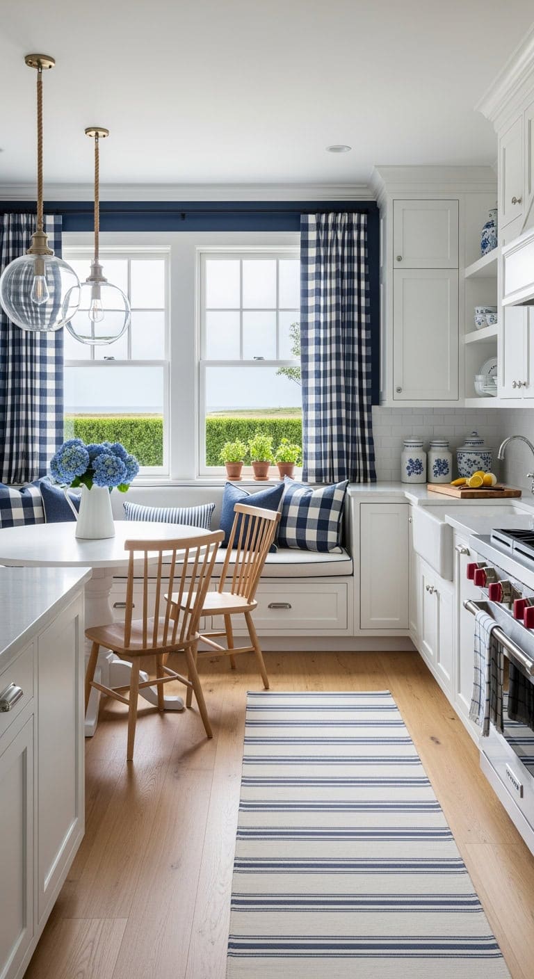 nantucket inspired slipcovered striped banquette