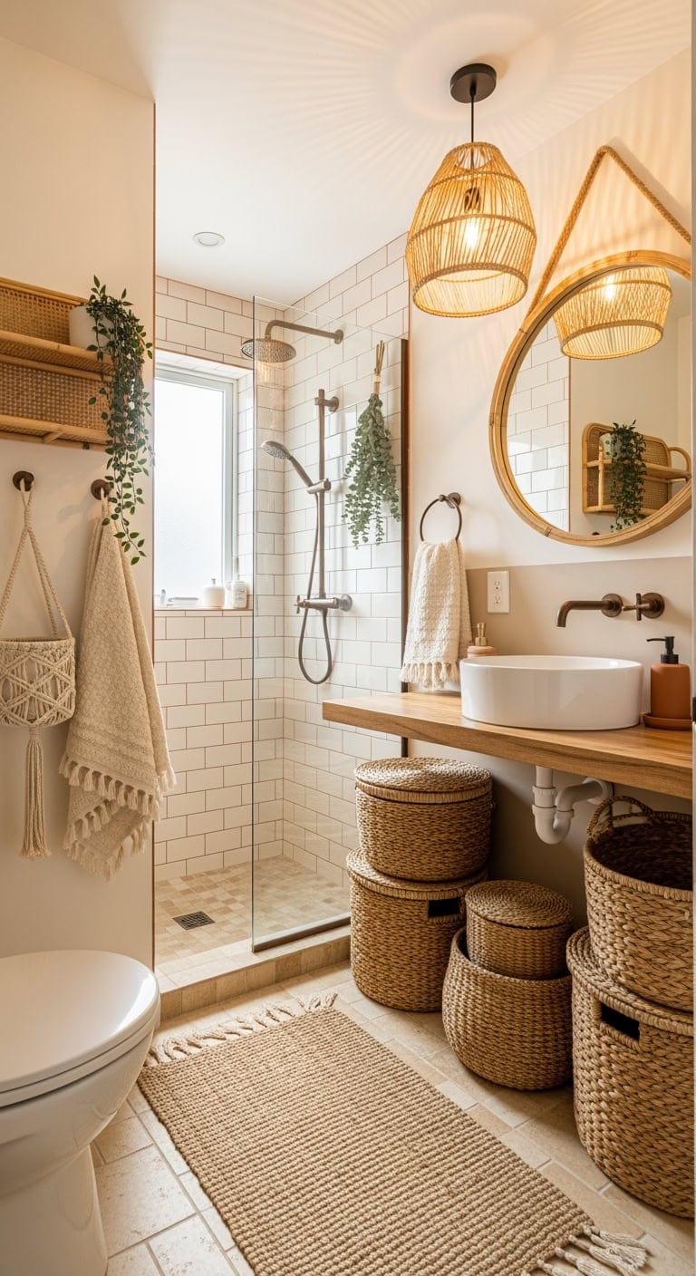 natural woven moroccan inspired bathroom
