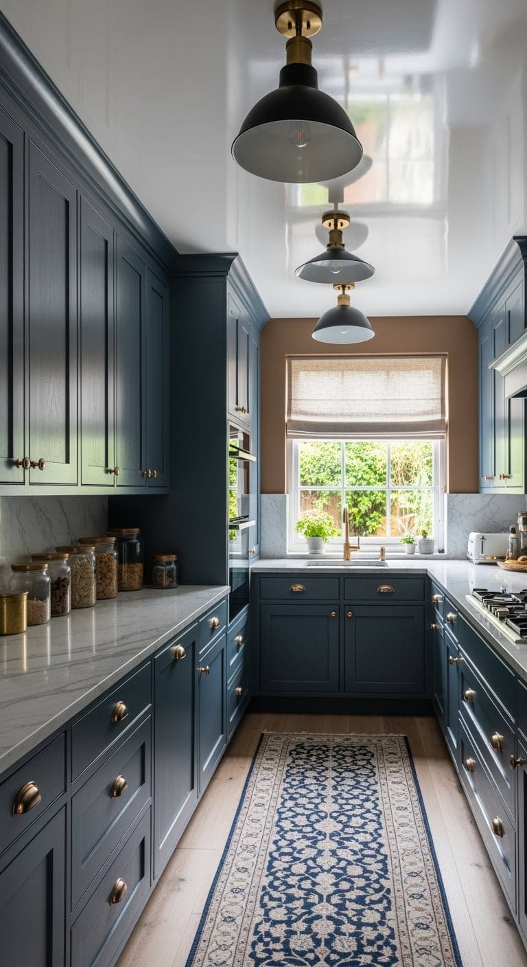 navy cabinets brass accents