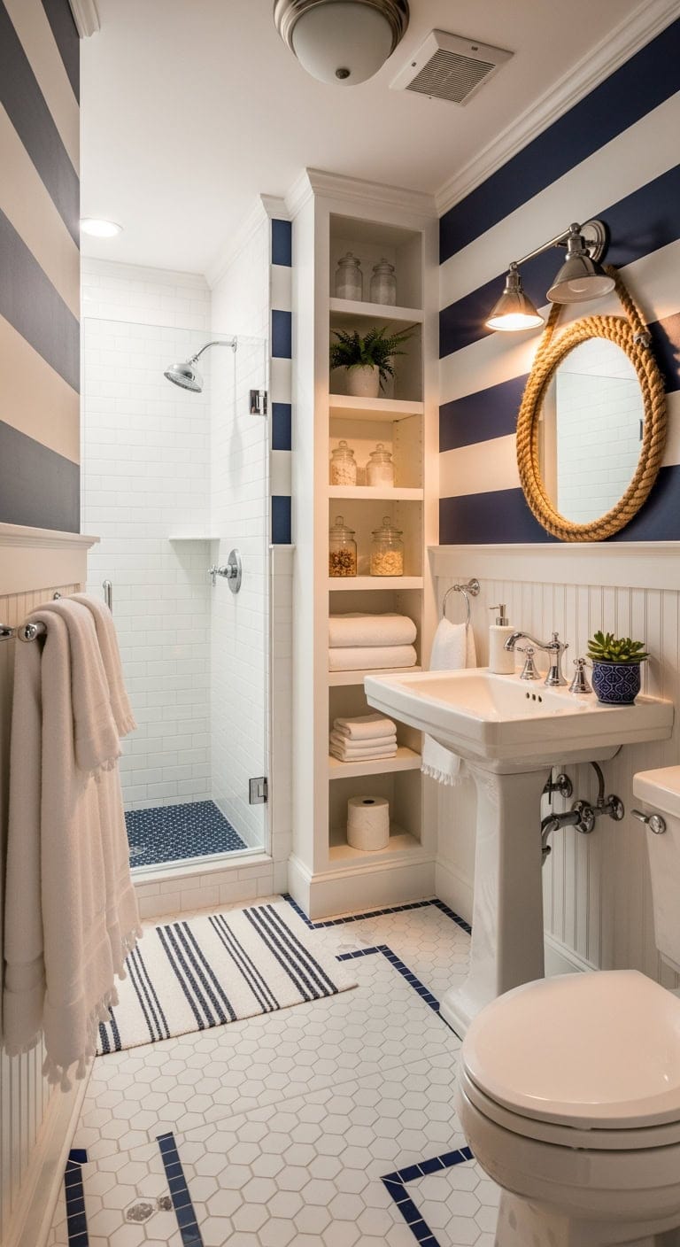 navy striped cape cod bathroom