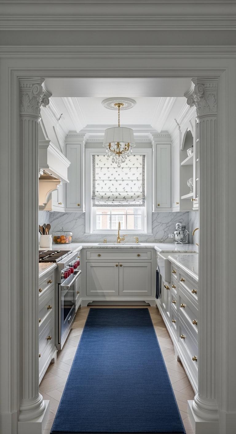 neoclassical narrow kitchen elegance
