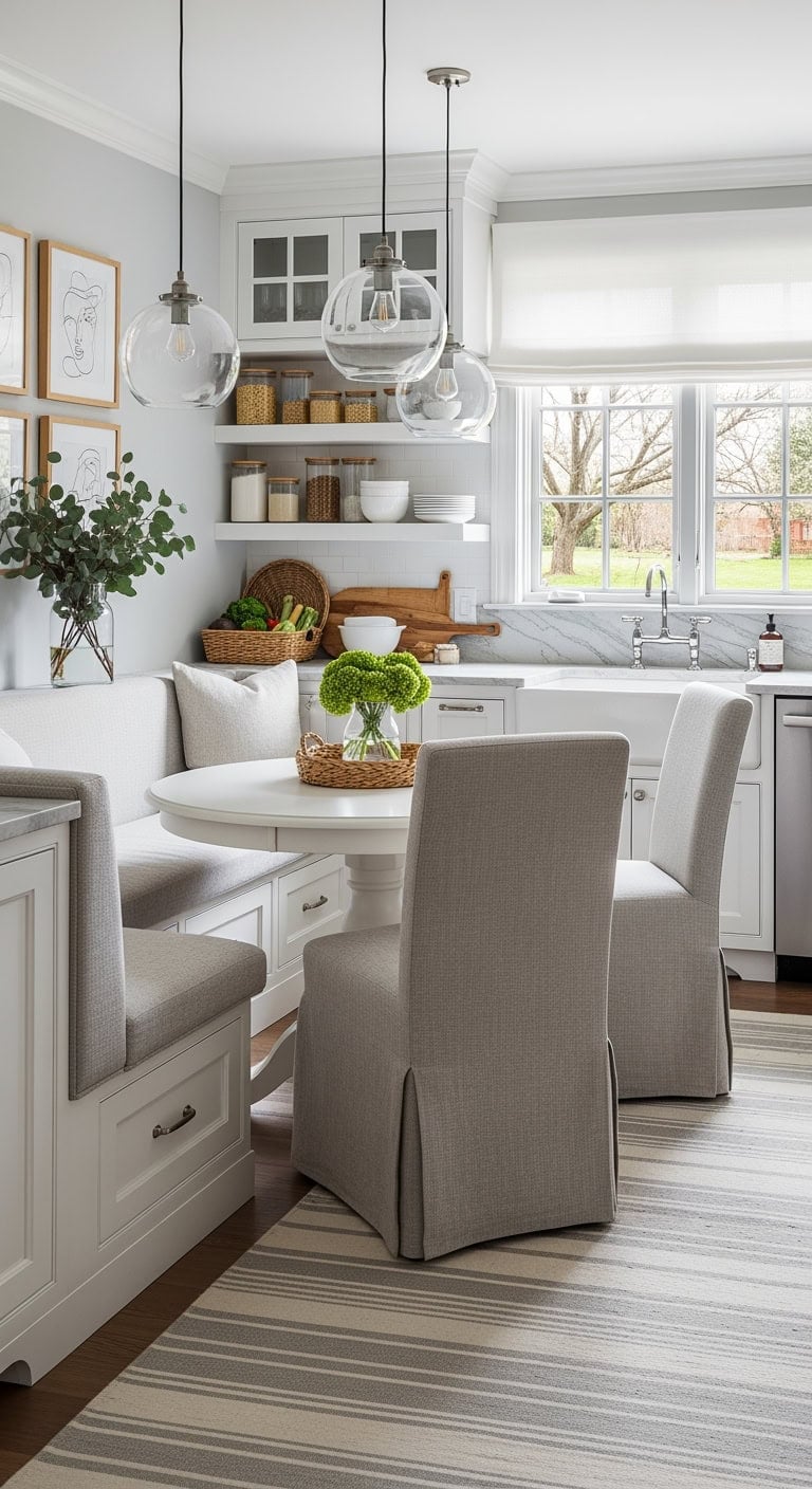 neutral linen l shaped banquette