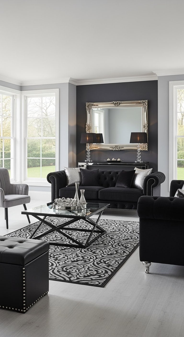 ornate silver mirrors over consoles