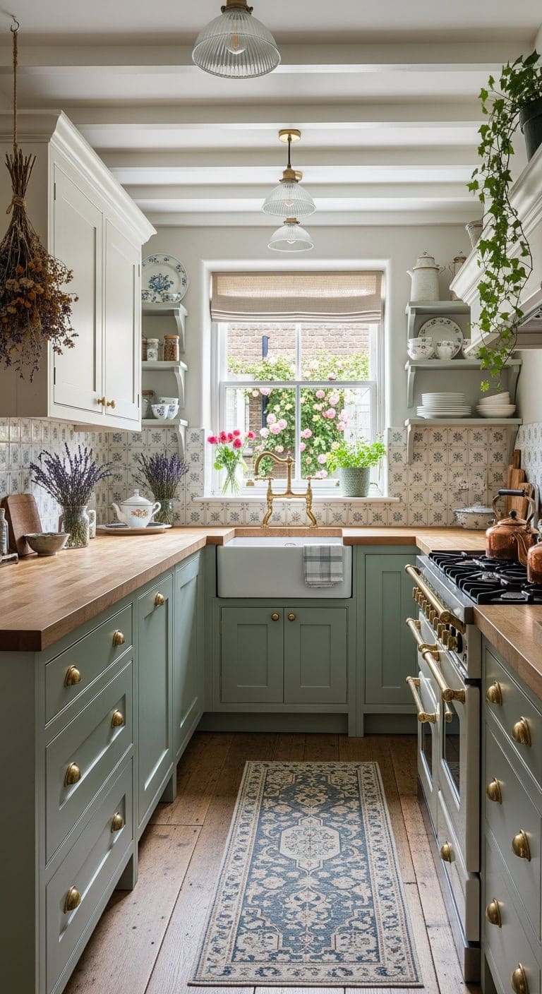 painted cabinets floral tiles cottage