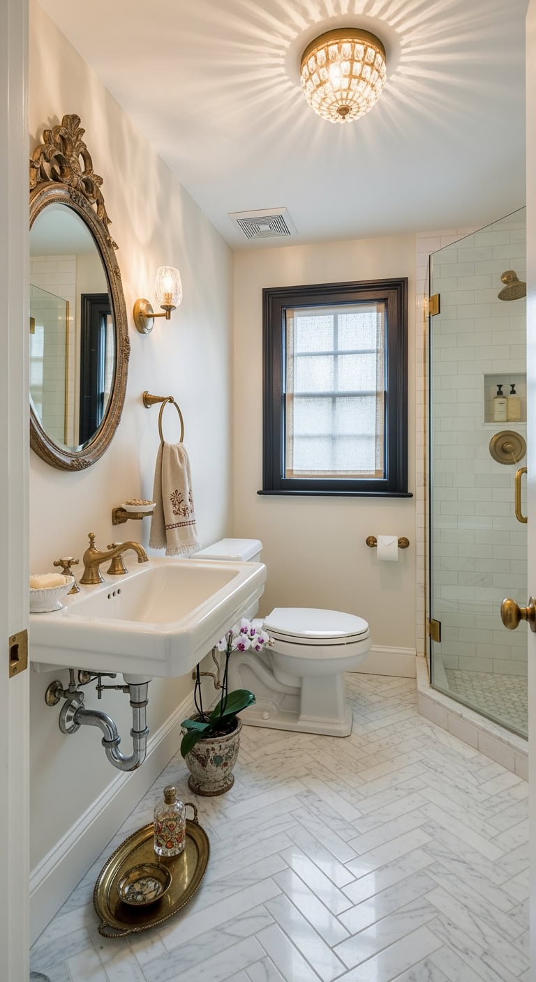 parisian marble herringbone powderroom