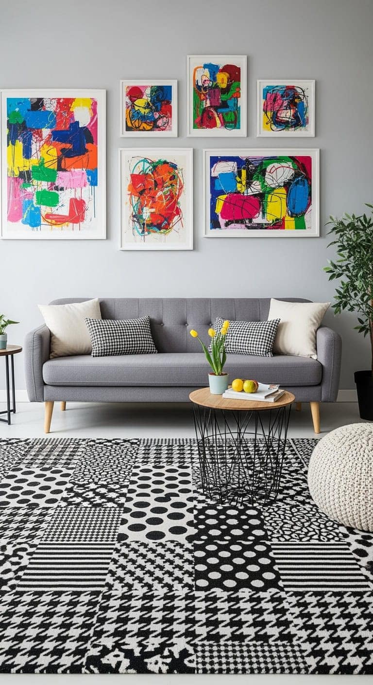 patchwork rugs with colorful art