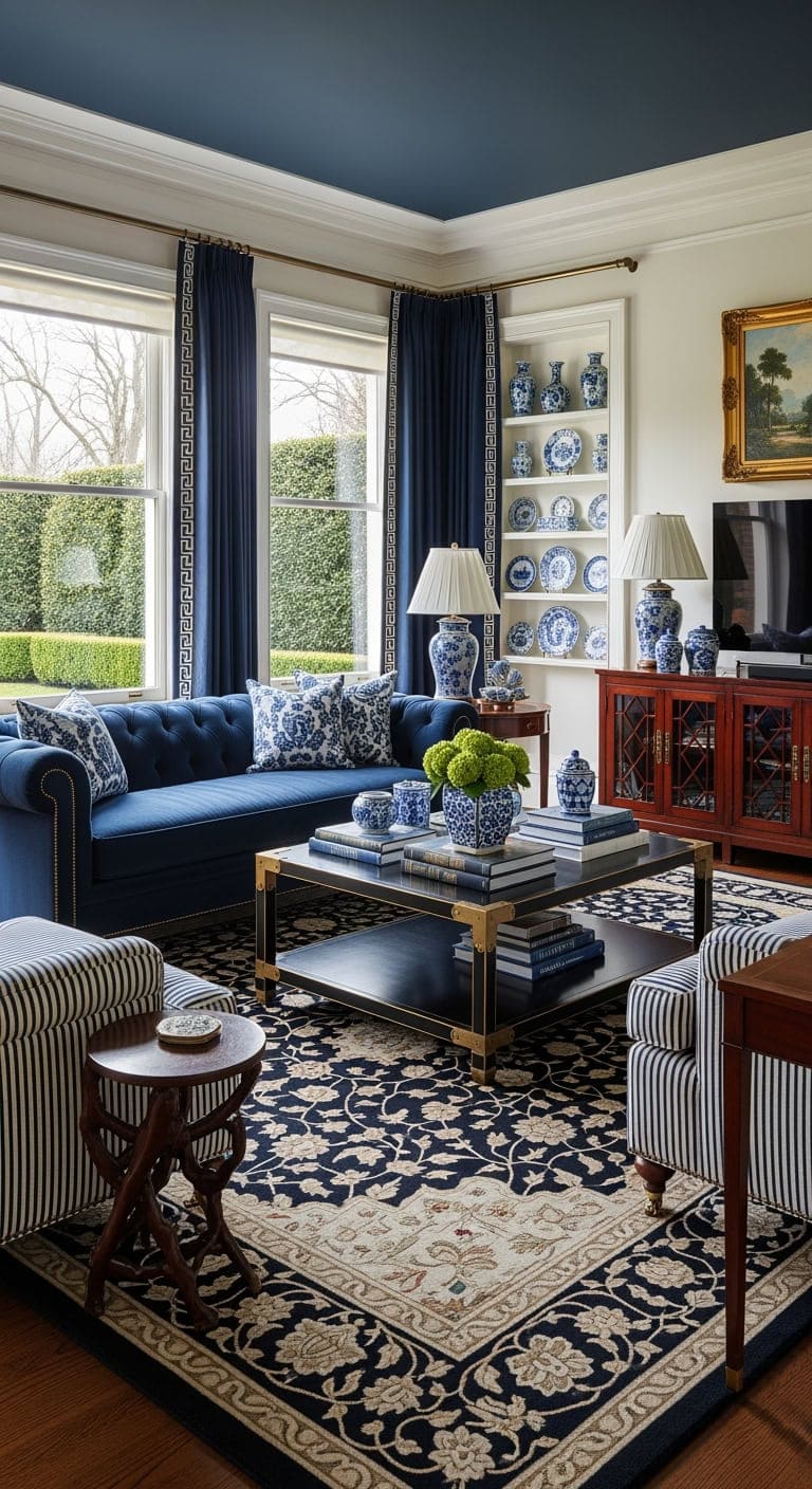 preppy chinoiserie navy elegance