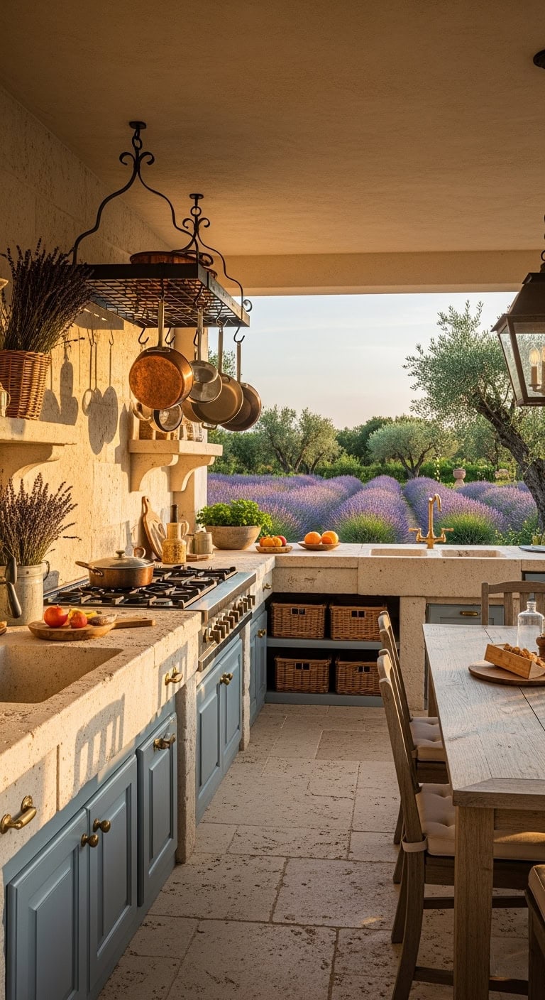 provence inspired limestone outdoor kitchen