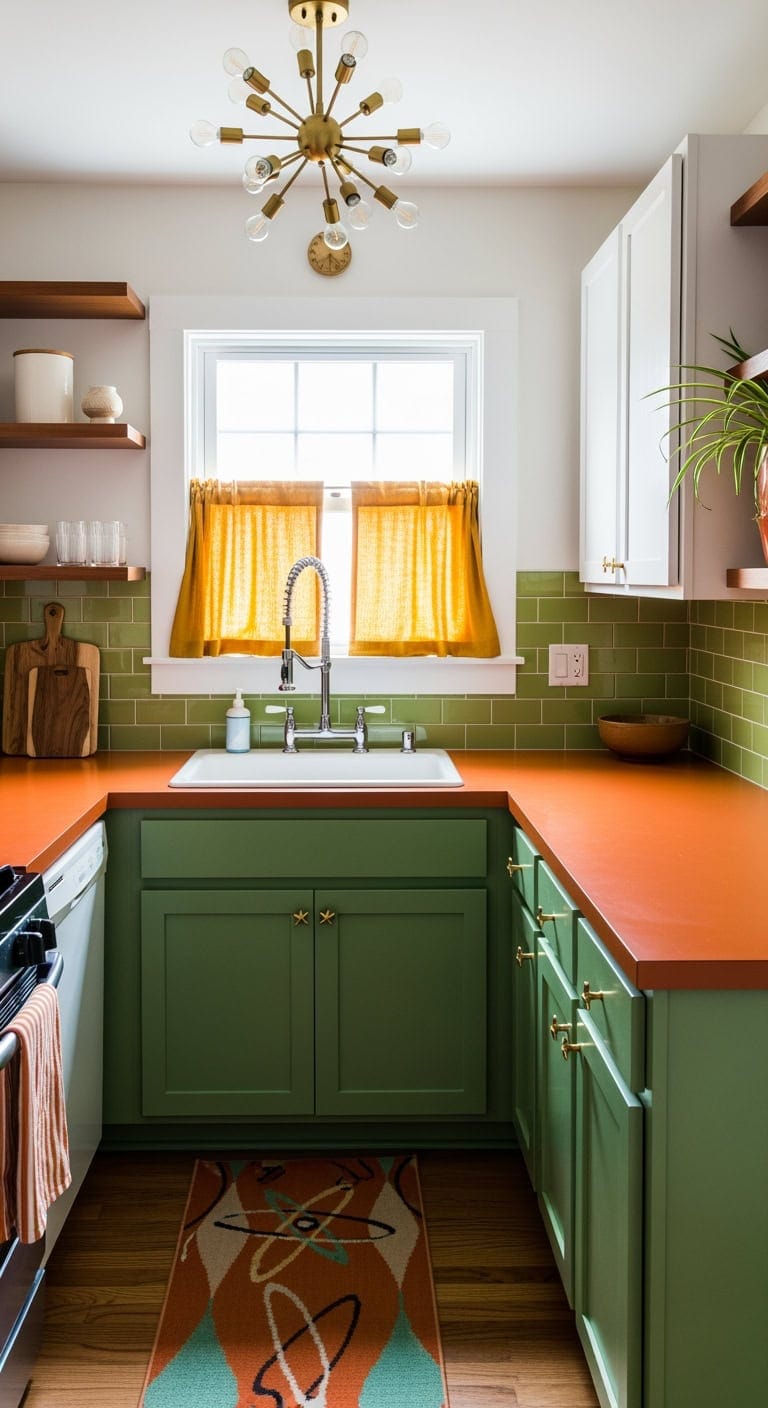 retro avocado orange u shaped kitchen