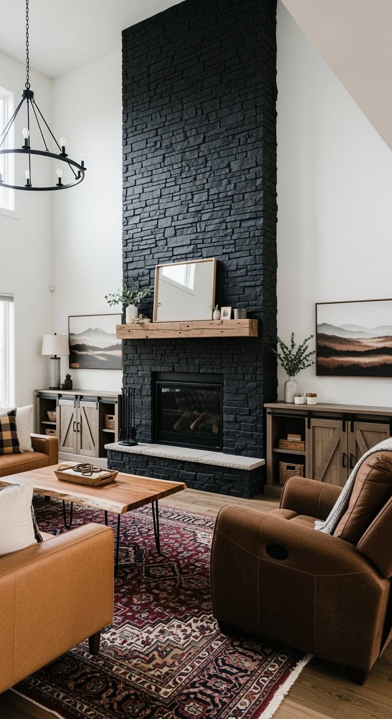 rustic black stone fireplace wall