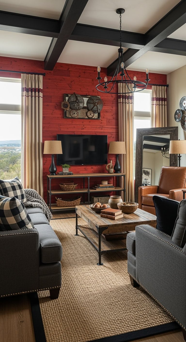 rustic industrial barn red accents