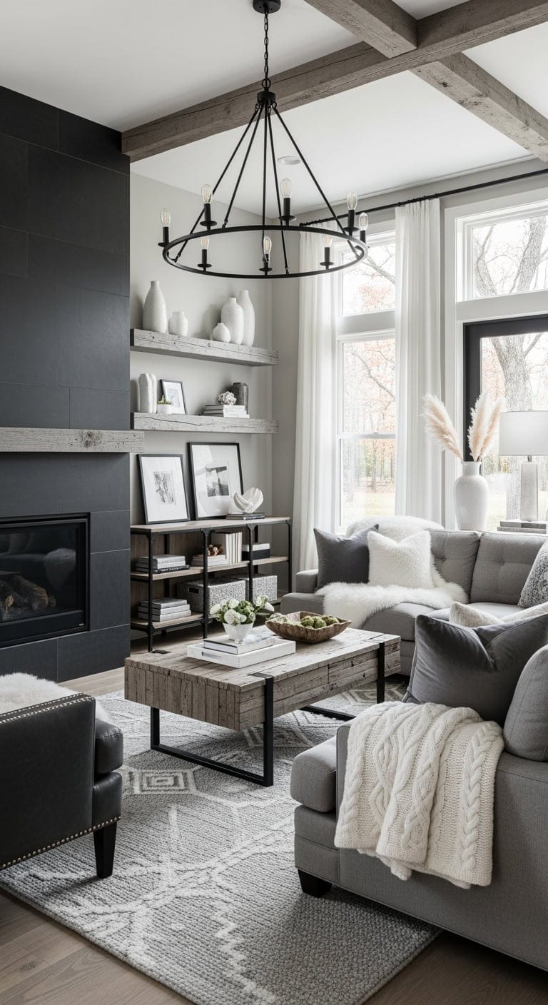 rustic luxe black stone fireplace