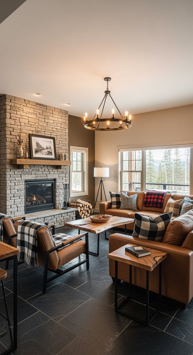 rustic slate fireplace lodge