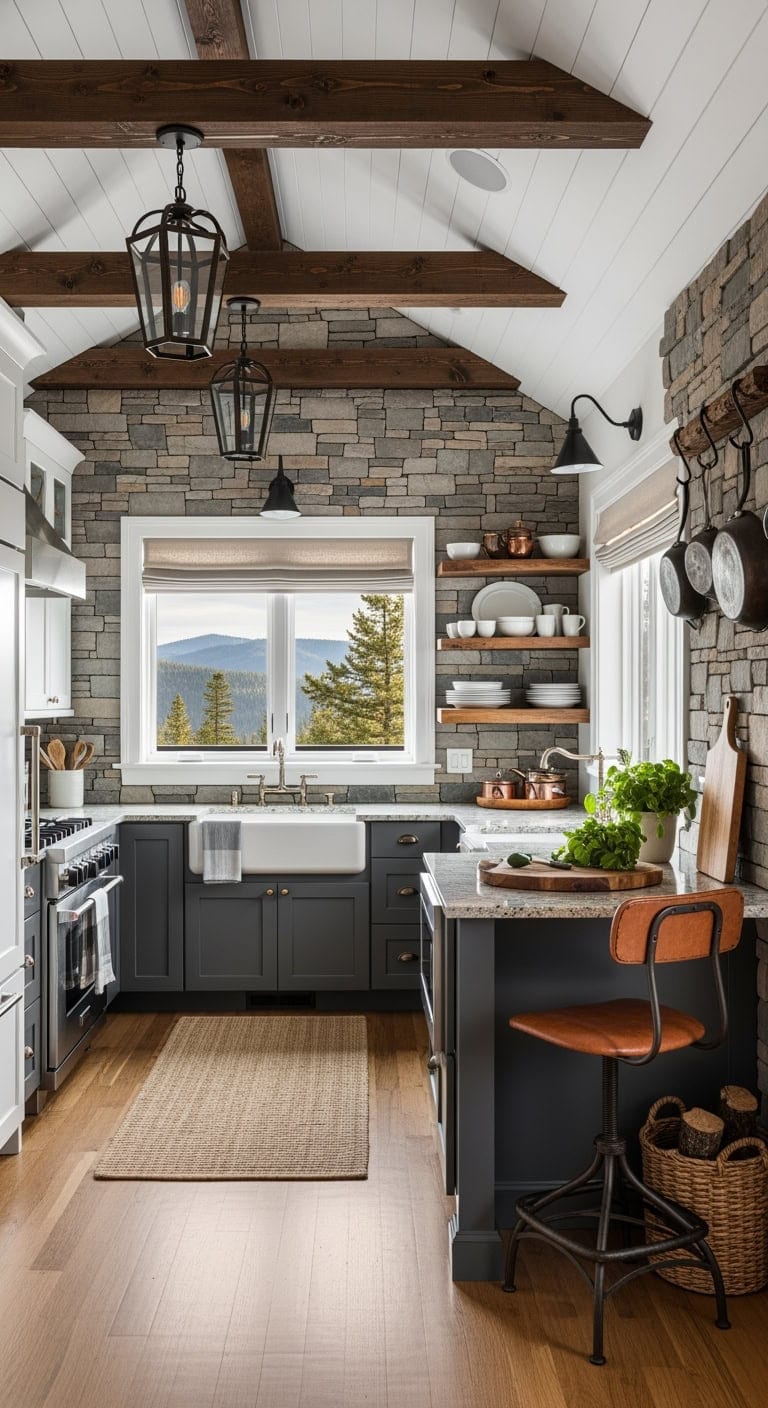 rustic stone lodge kitchen