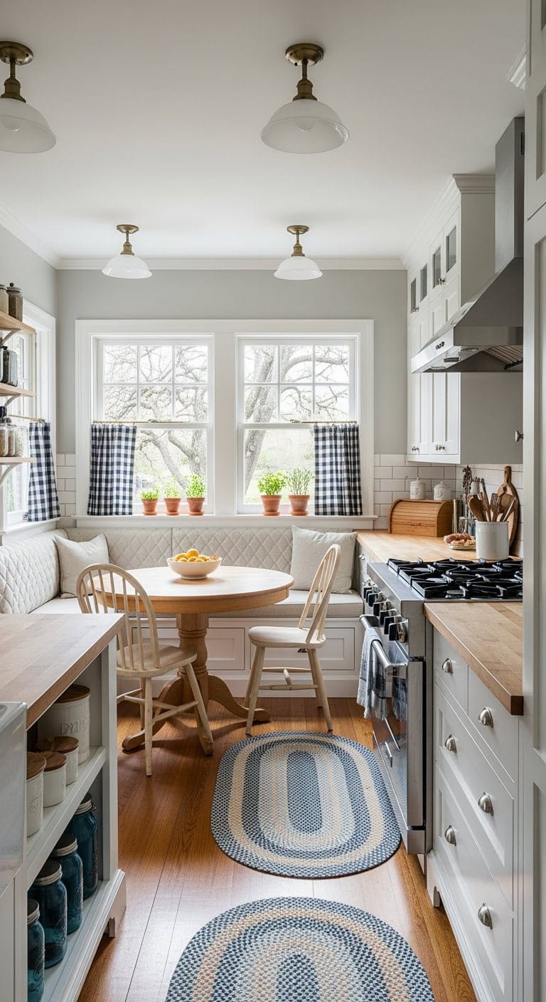 shaker banquette with quilted cushions