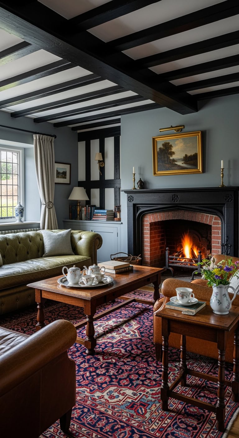 slate gray walls black beams