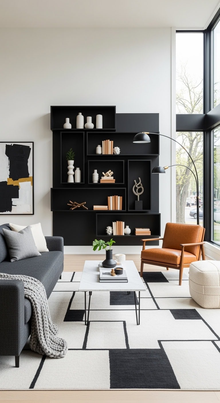 sleek black asymmetrical built ins