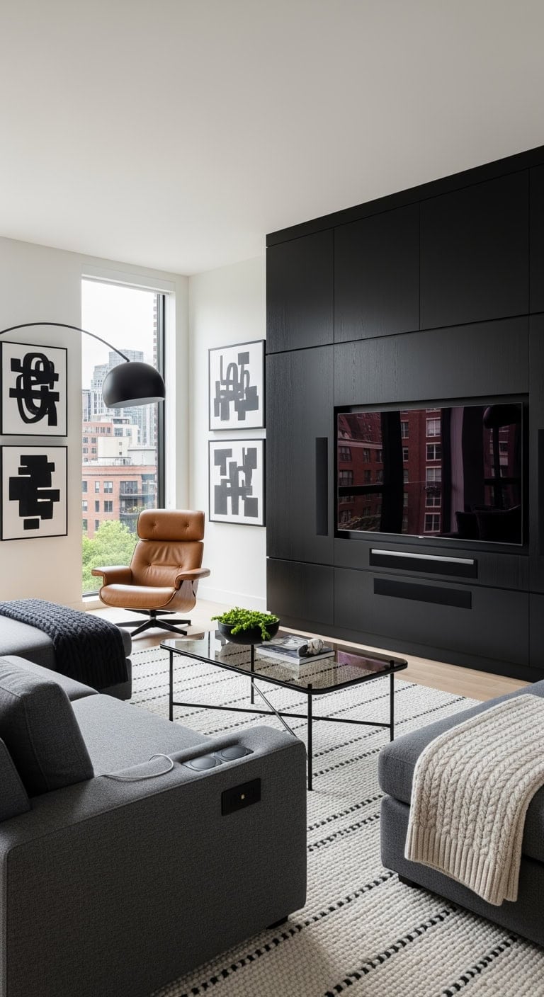 sleek black built in media