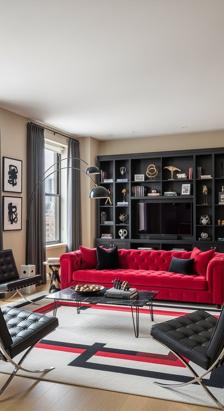 sleek black built ins red sof