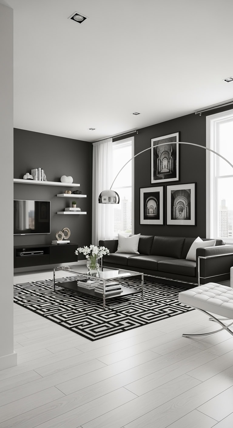 sleek black minimalist livingroom