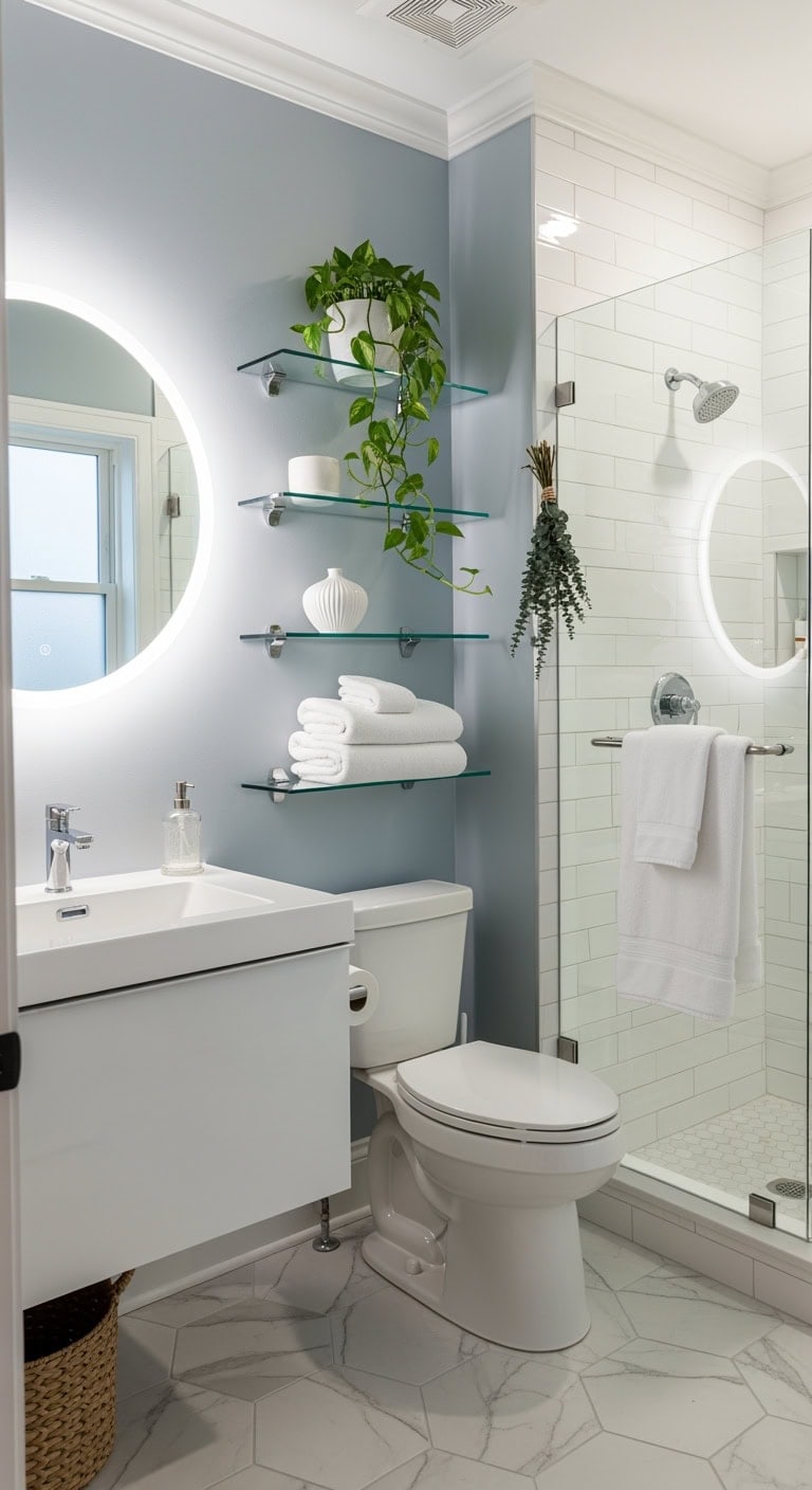 sleek glass shelves expand space