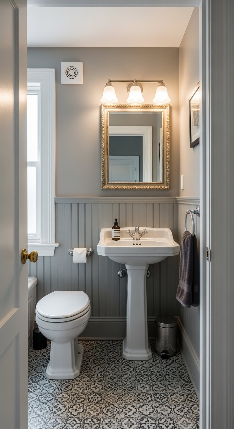 soft pewter wainscoted bathroom