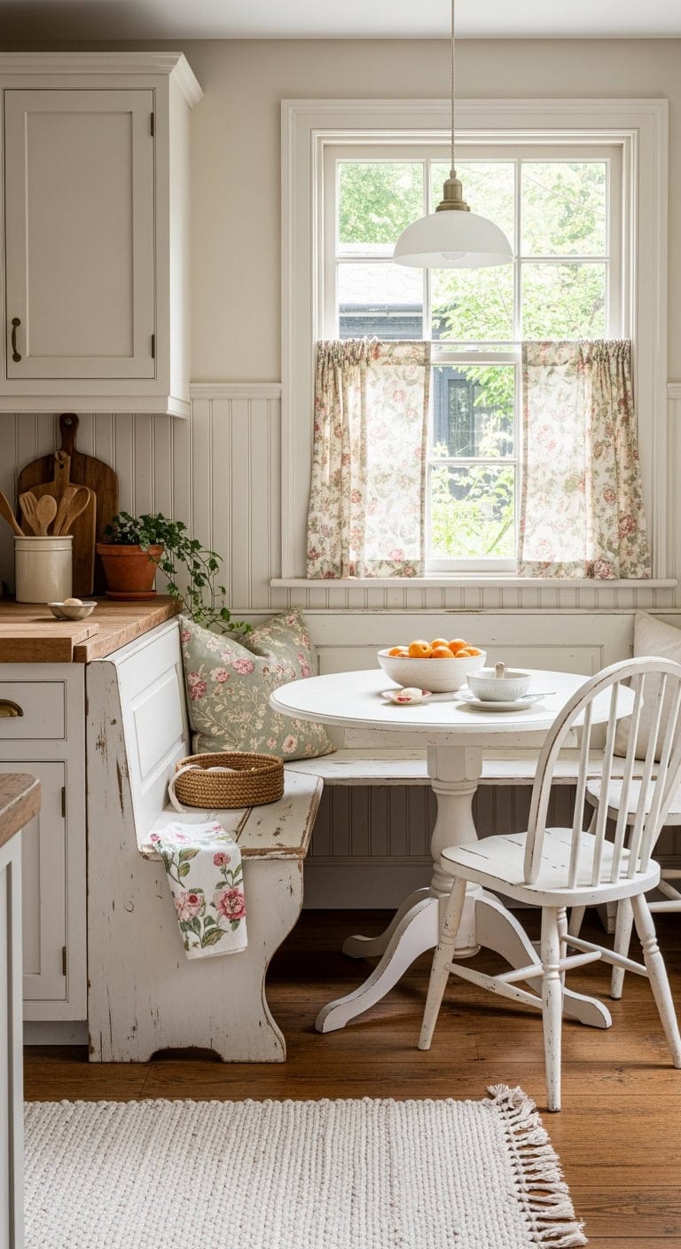sunlit distressed cottage breakfast nook