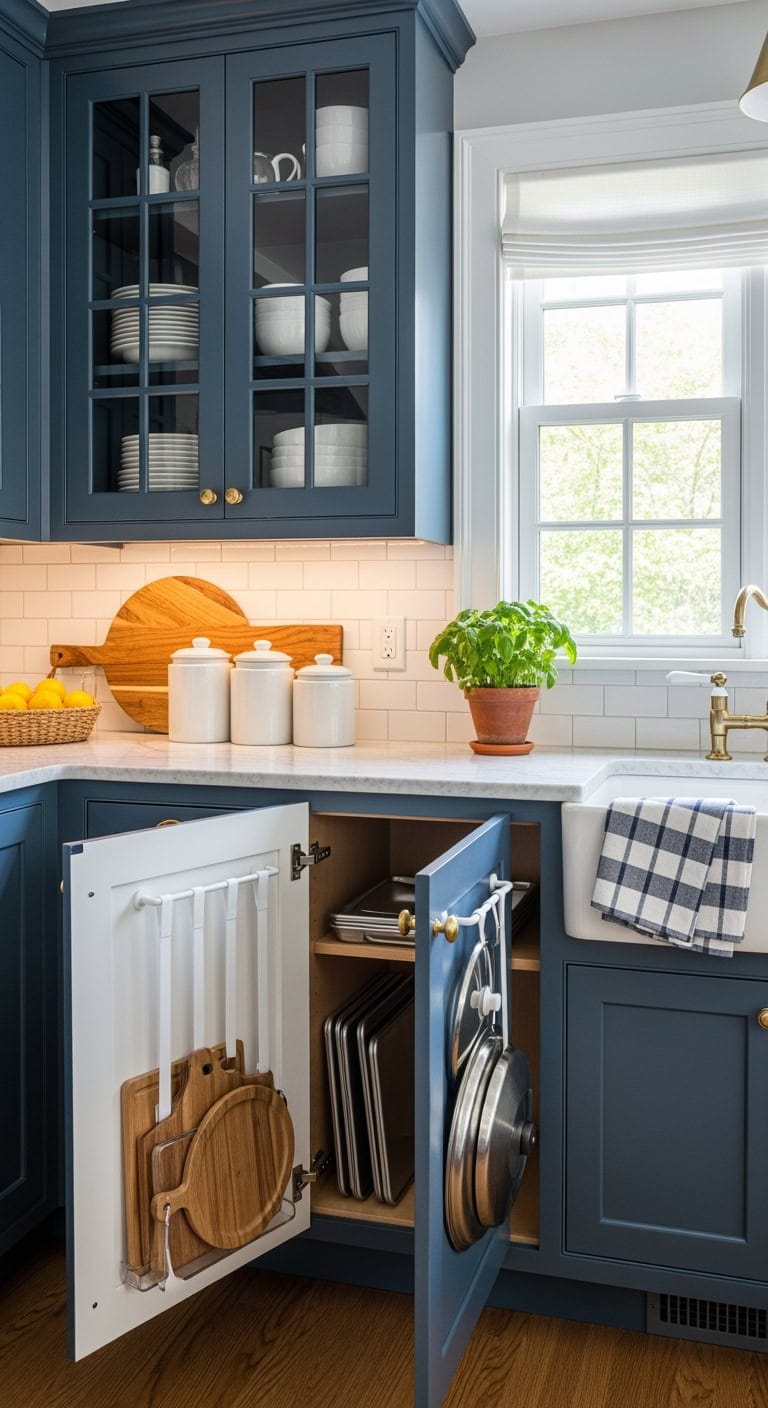 tension rod cabinet organization aesthetic