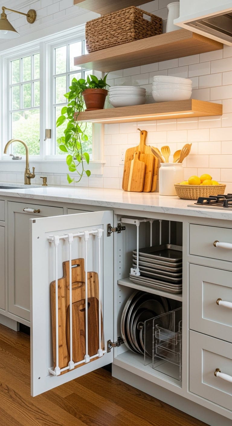 tension rods organize narrow cabinets