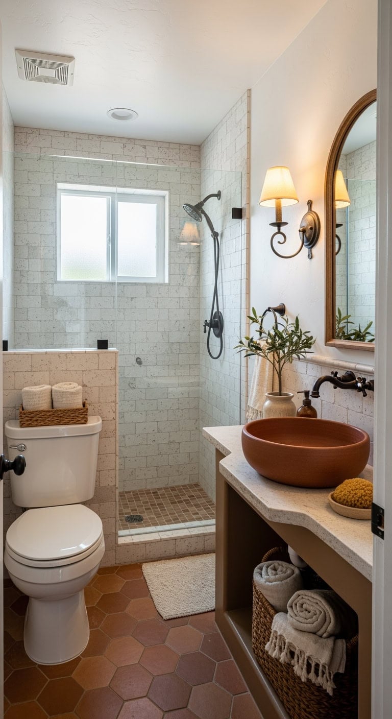 terracotta accented mediterranean whitewashed bathroom