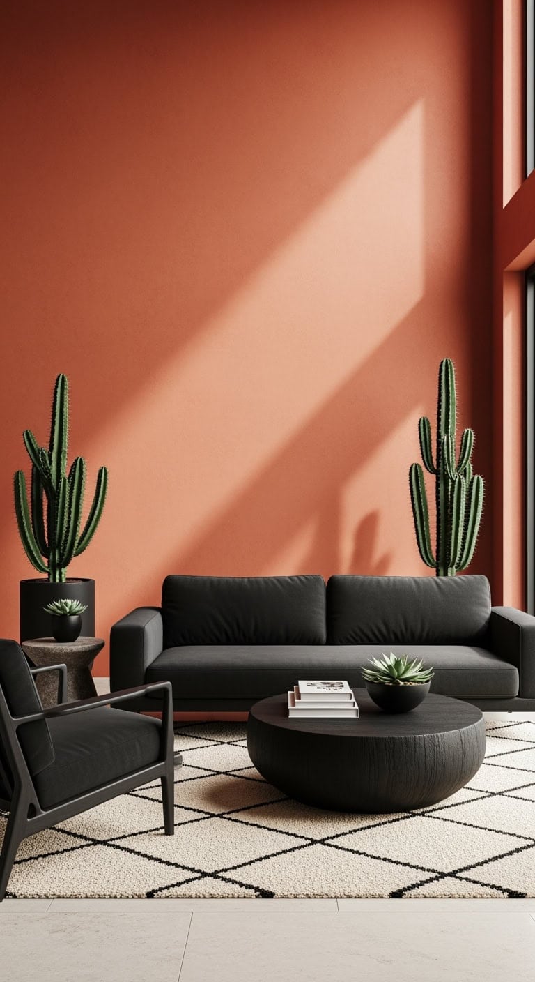 terracotta walls with black accents
