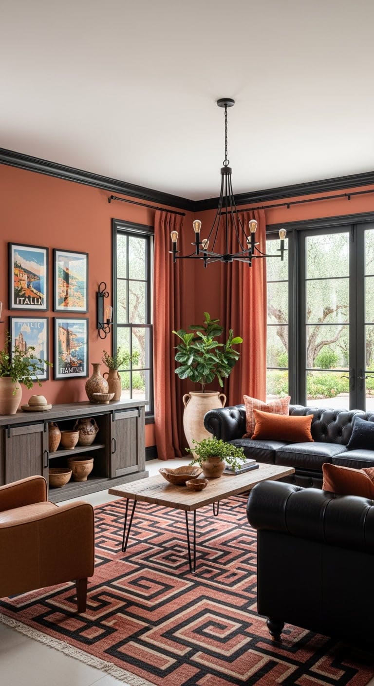terracotta walls with black detailing