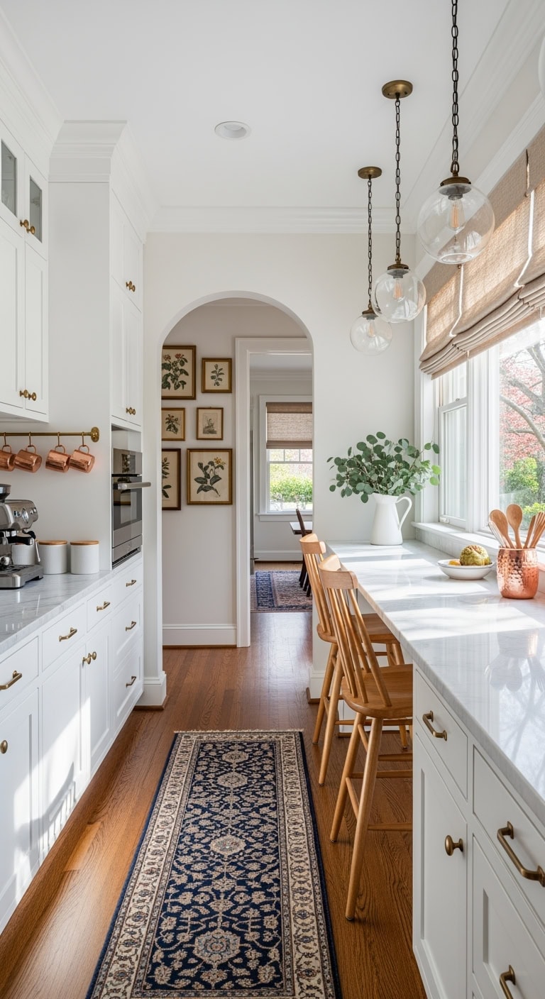 timeless marble and wood breakfast nook