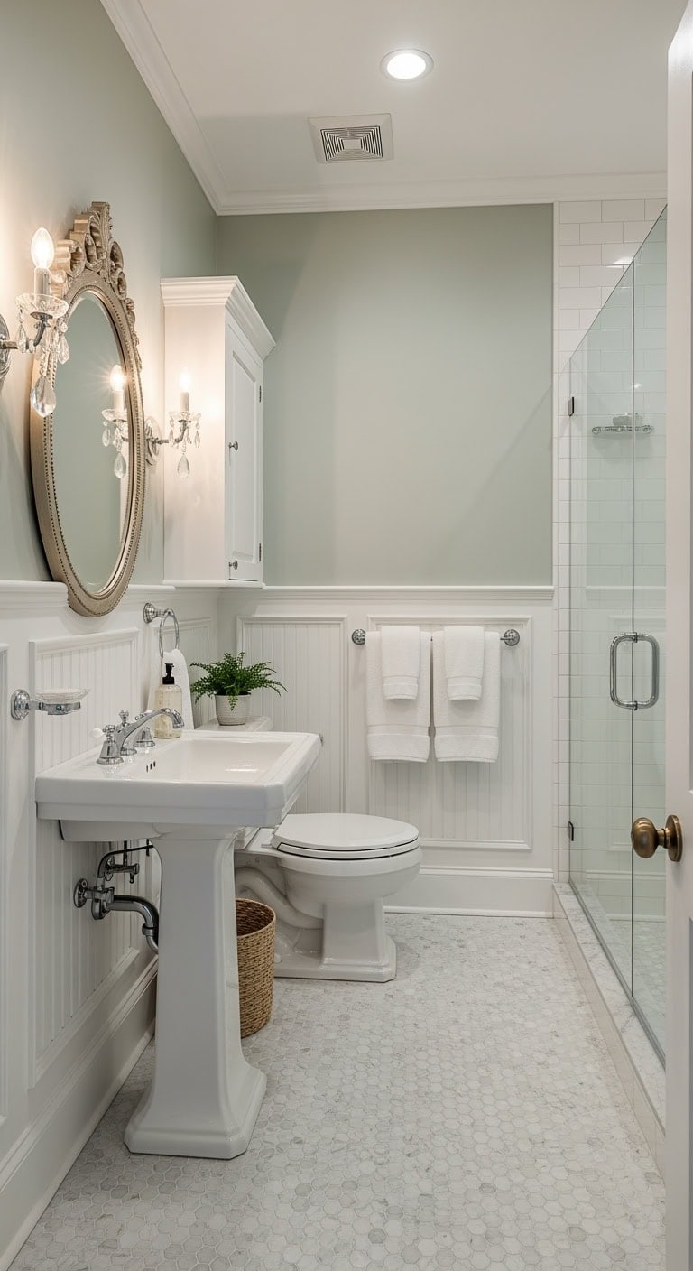 timeless wainscoting narrow bathroom