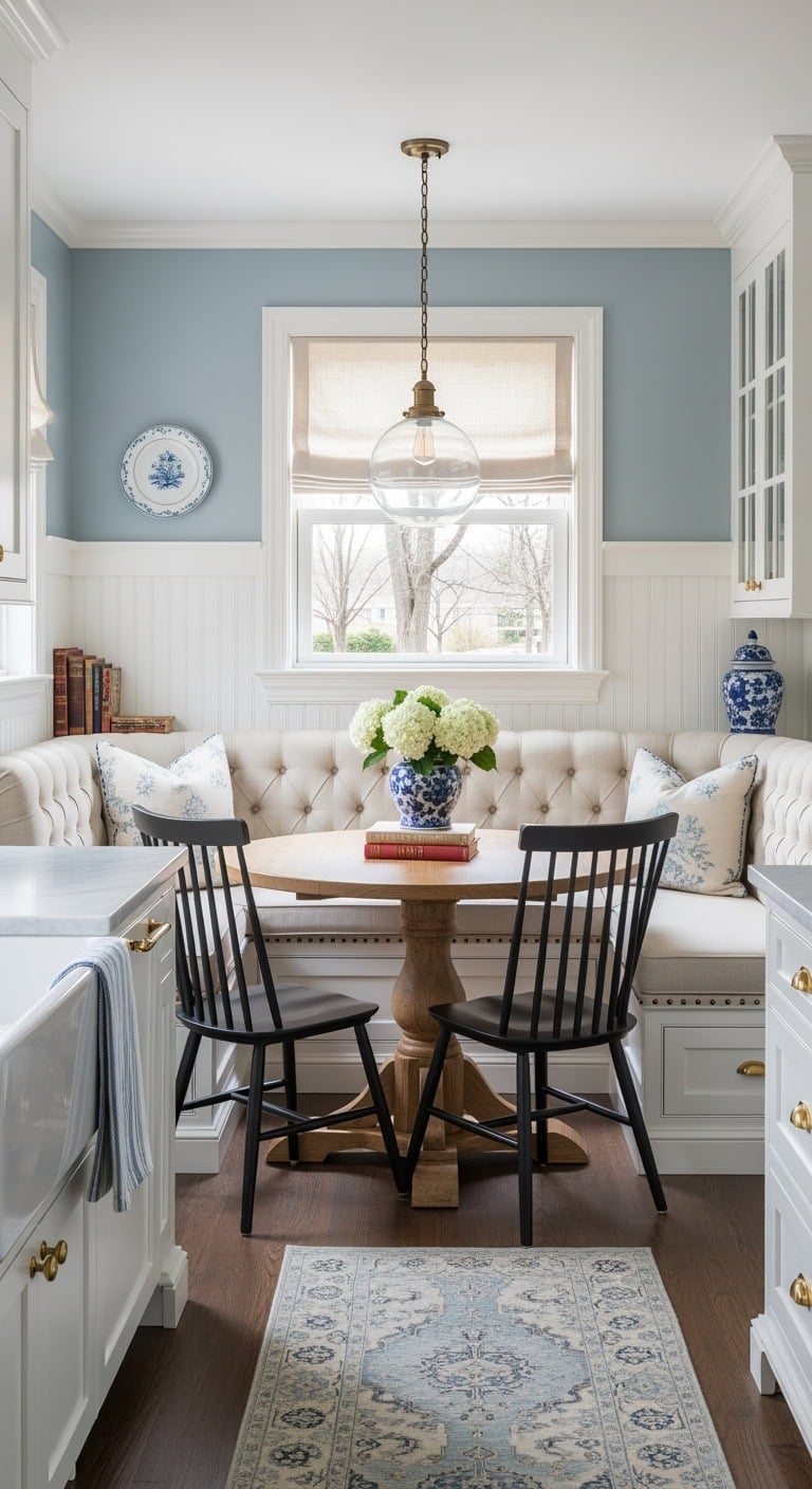 traditional upholstered banquette homework nook