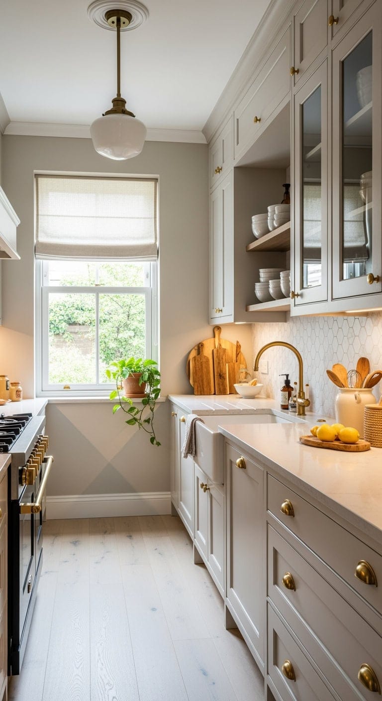 transitional brass hardware kitchen