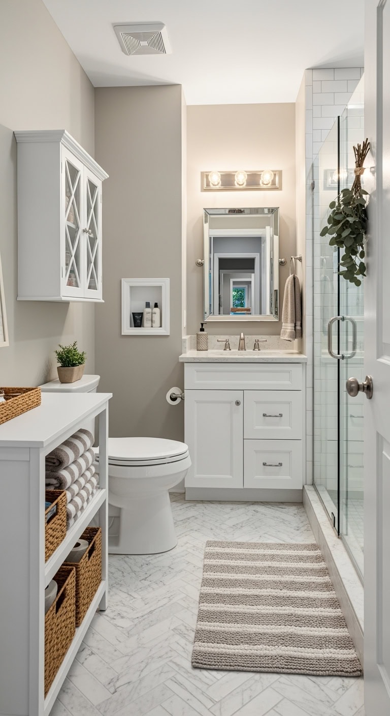 transitional narrow bathroom storage